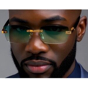 Frameless Rectangle Sunglasses Green Lens Gold Mens Fashion Shades Casual Lentes